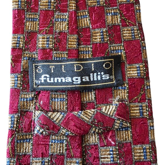 Fumagalli ITALY 100% Silk Tie Red Gold Geometric Check Sartorial Luxury - Picture 7 of 16